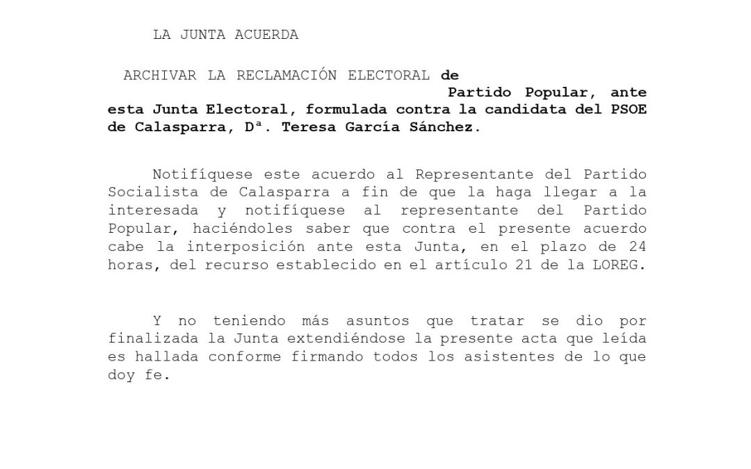 ARCHIVADA OTRA DENUNCIA DEL PP DE CALASPARRA CONTRA NUESTRA ALCALDESA, TERESA GARCÍA